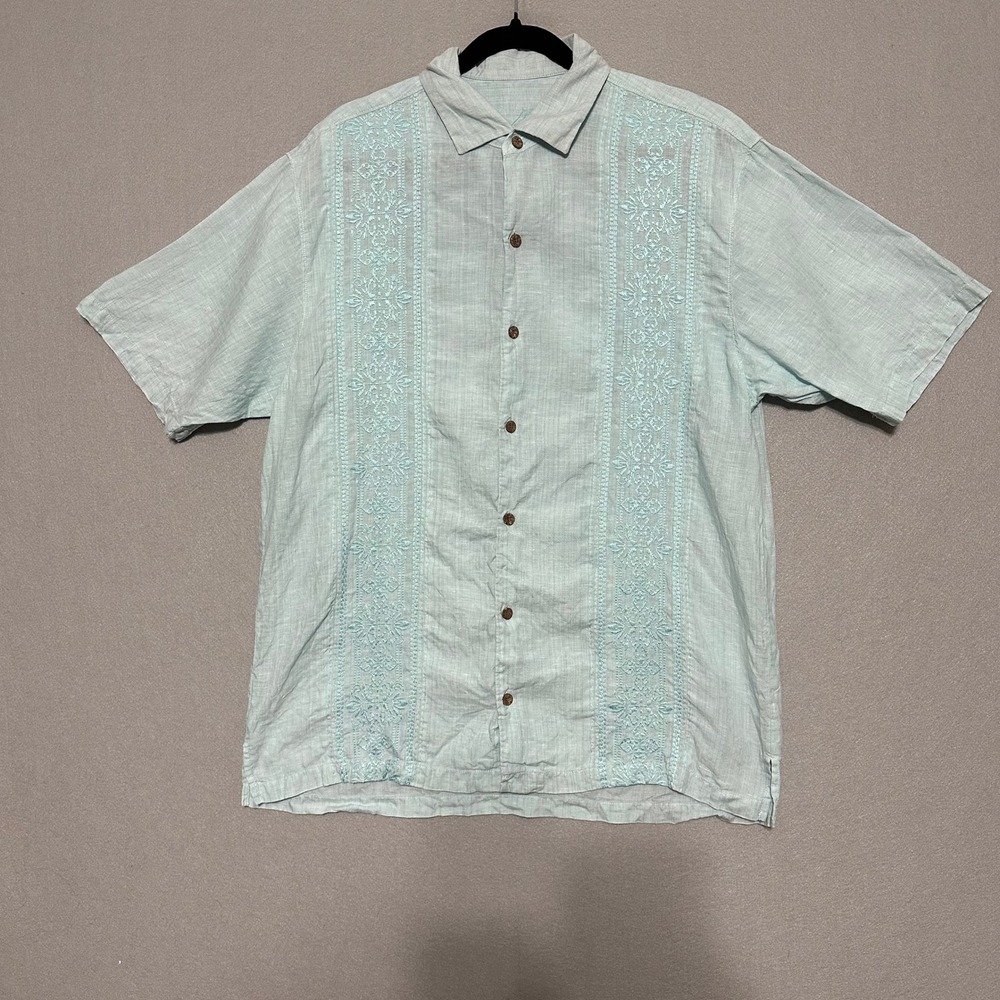 Tommy Bahama Mens Large Aqua Blue 100% Linen Embroidered Short Sleeve Camp Shirt